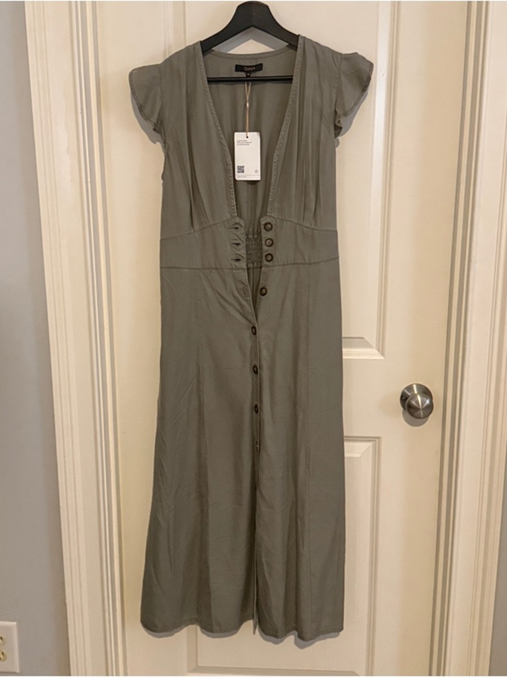 Quince Olive V‑Neck Button Midi Dress